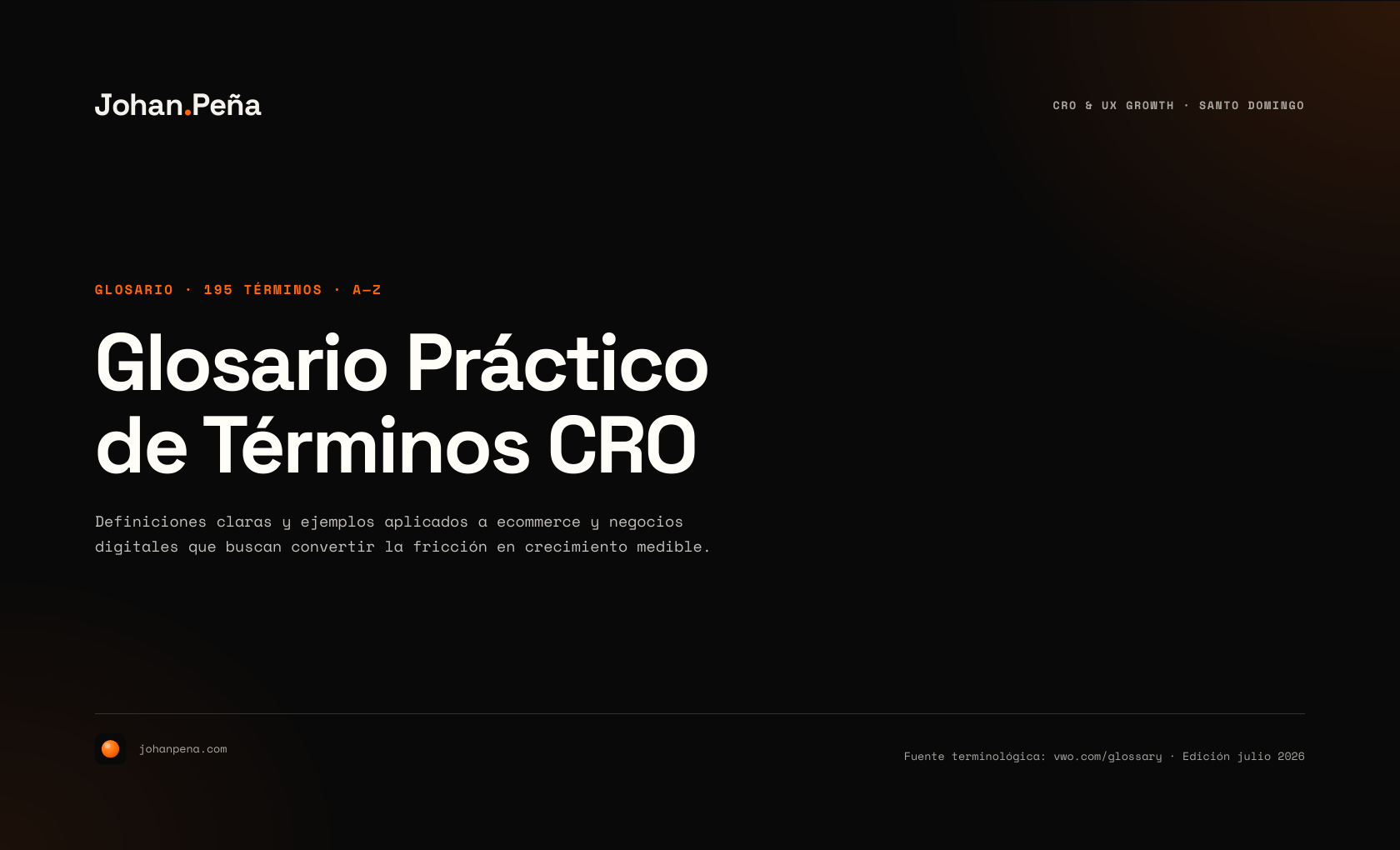Cover of Johan Peña’s Practical CRO Terms Glossary PDF in Spanish